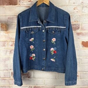 Vintage‎ Embroidered Denim Jacket Cropped Western Fringe Floral Jean Jacket